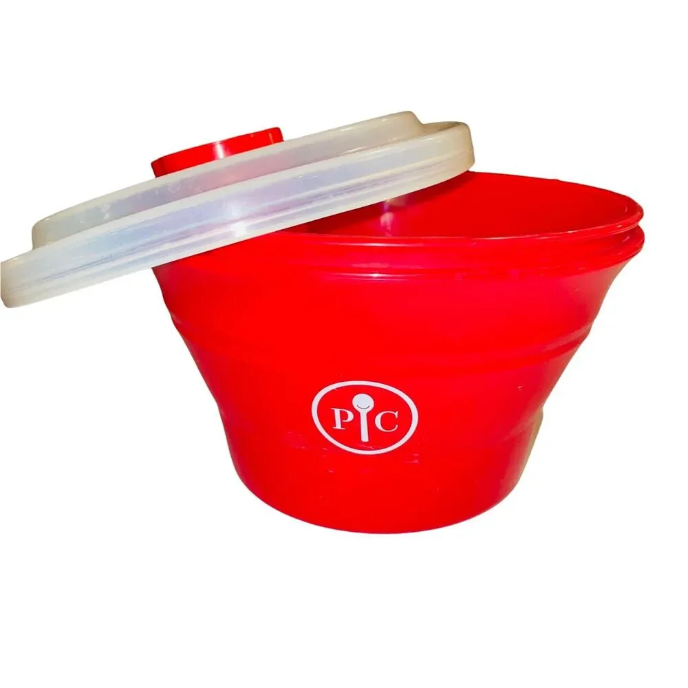 Pampered Chef Microwave Popcorn Maker Bowl Red Silicone Collapsible Lid 1457